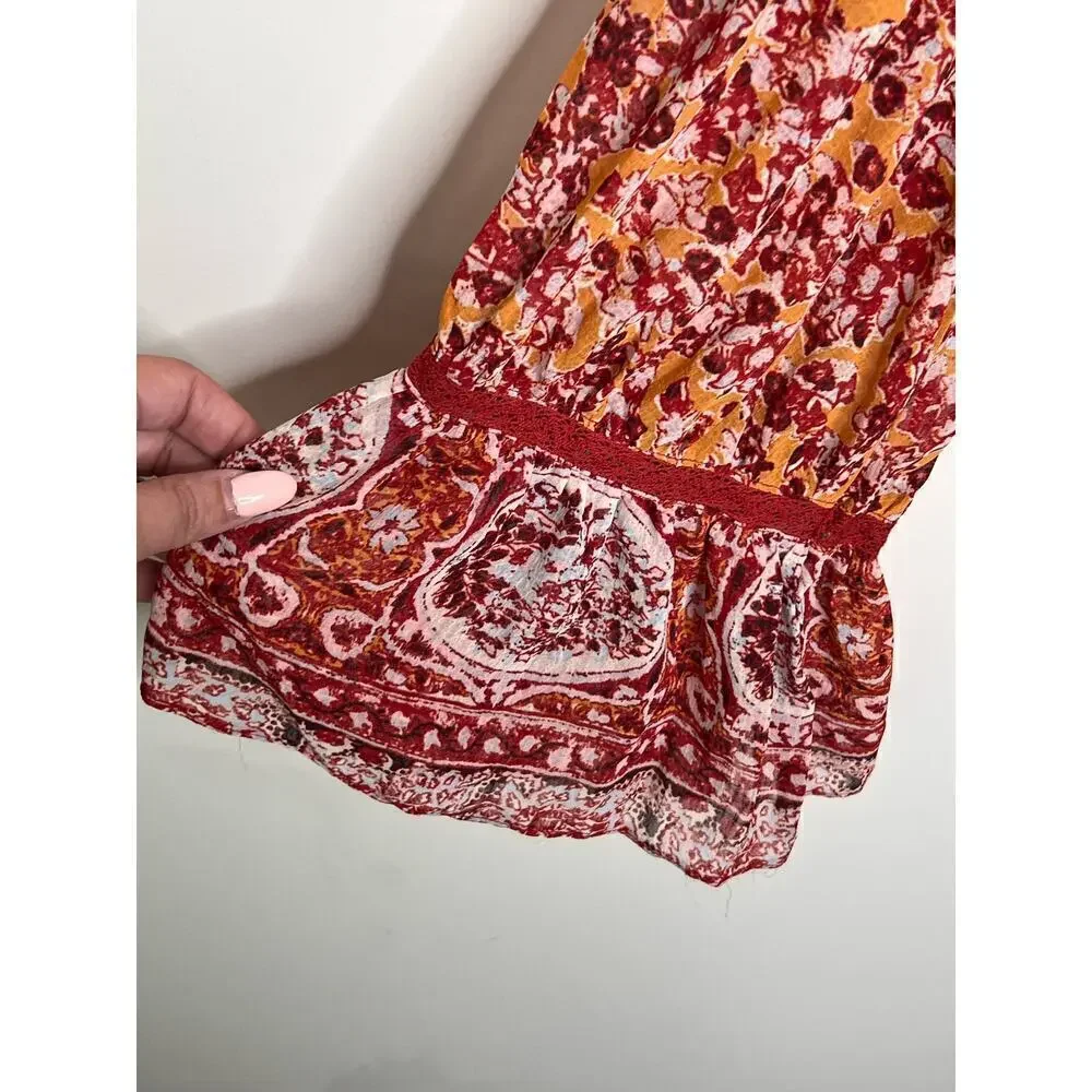 Free People Lorraine Tiered Tie Front Kimono Blouse Top Red/Yellow Womens Size M